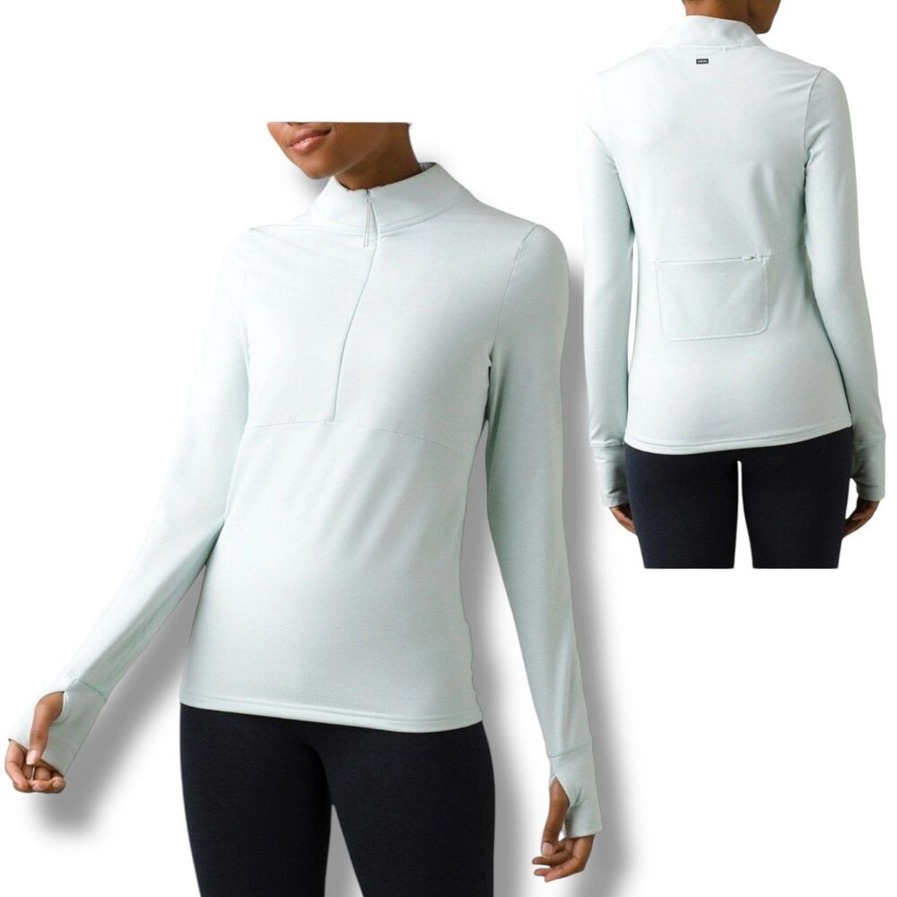 prAna Pullover Womens S Blue Half Zip Ice Flow Thumbholes Zip Pocket Performance